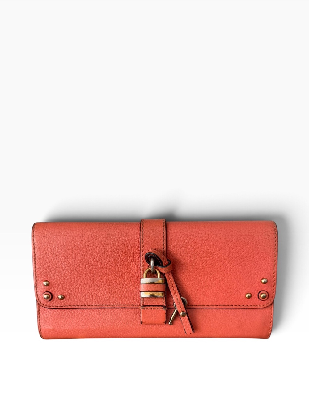 Chloé Paddington Coral Orange Leather Long Wallet Padlock & Key